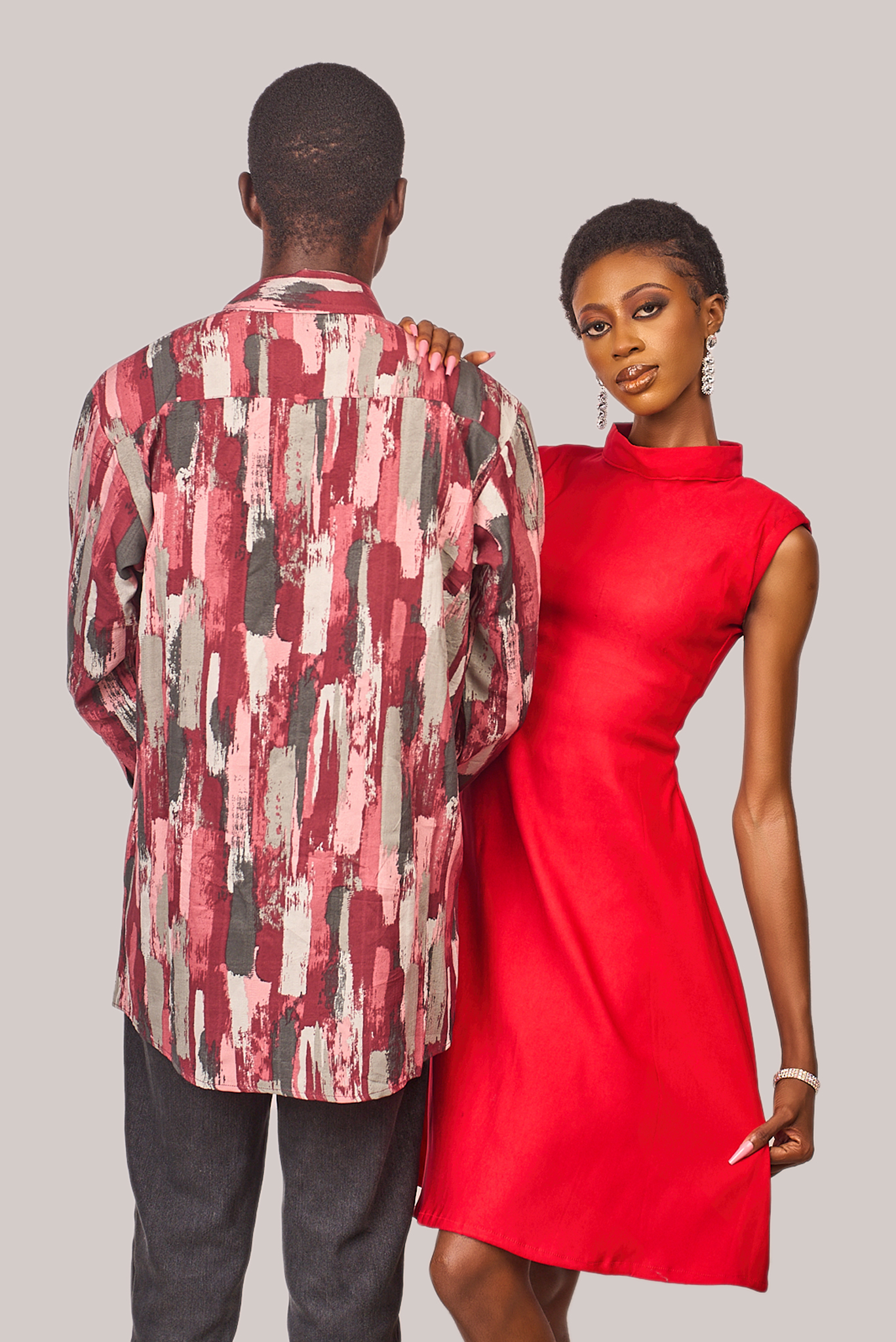 Red turtle-necked short flare dress