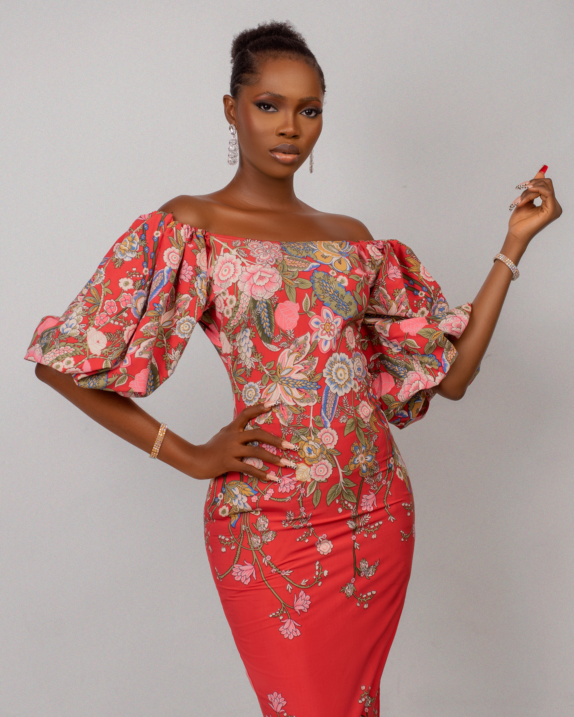 Peach puff-sleeved off-shoulder long dress