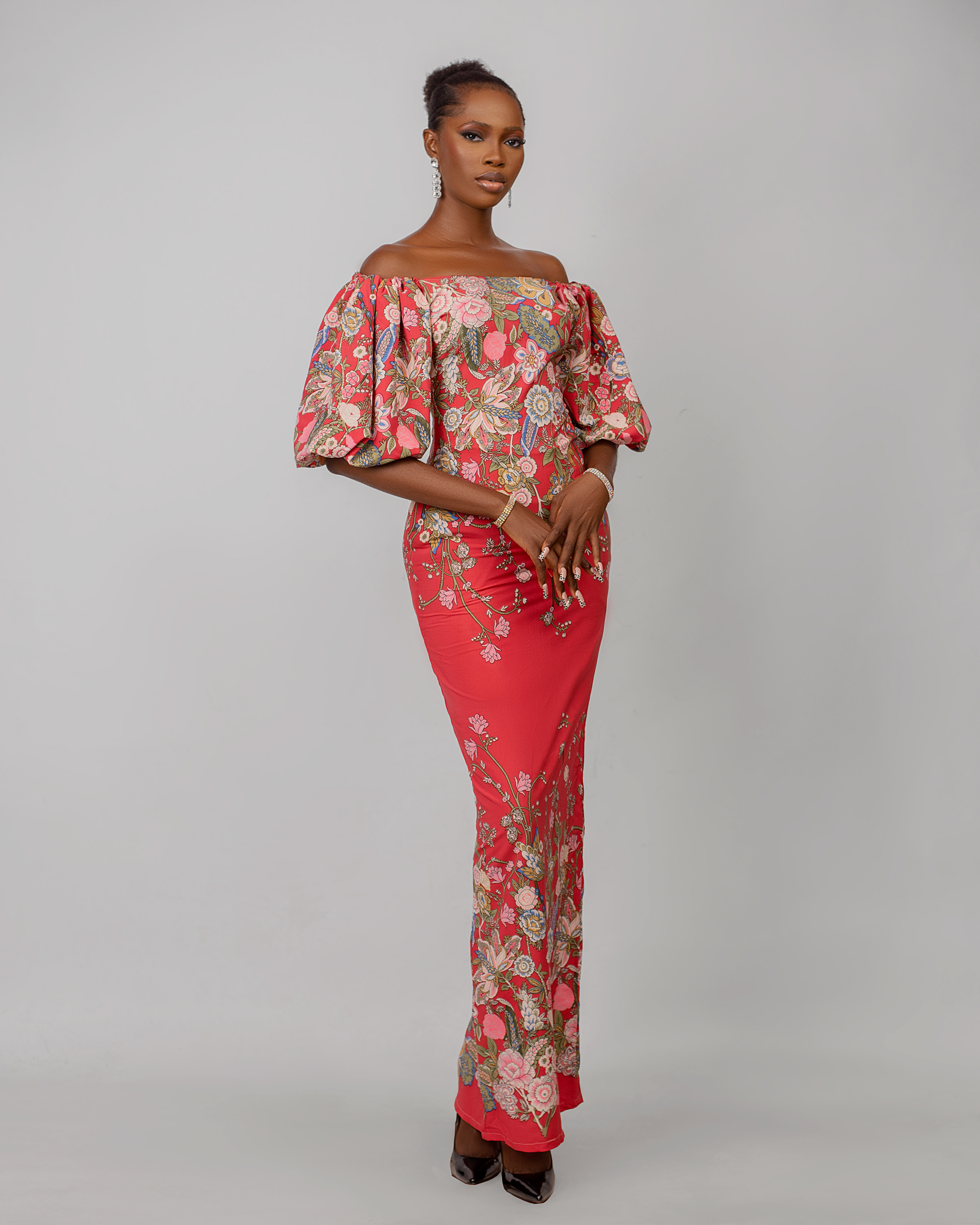 Peach puff-sleeved off-shoulder long dress
