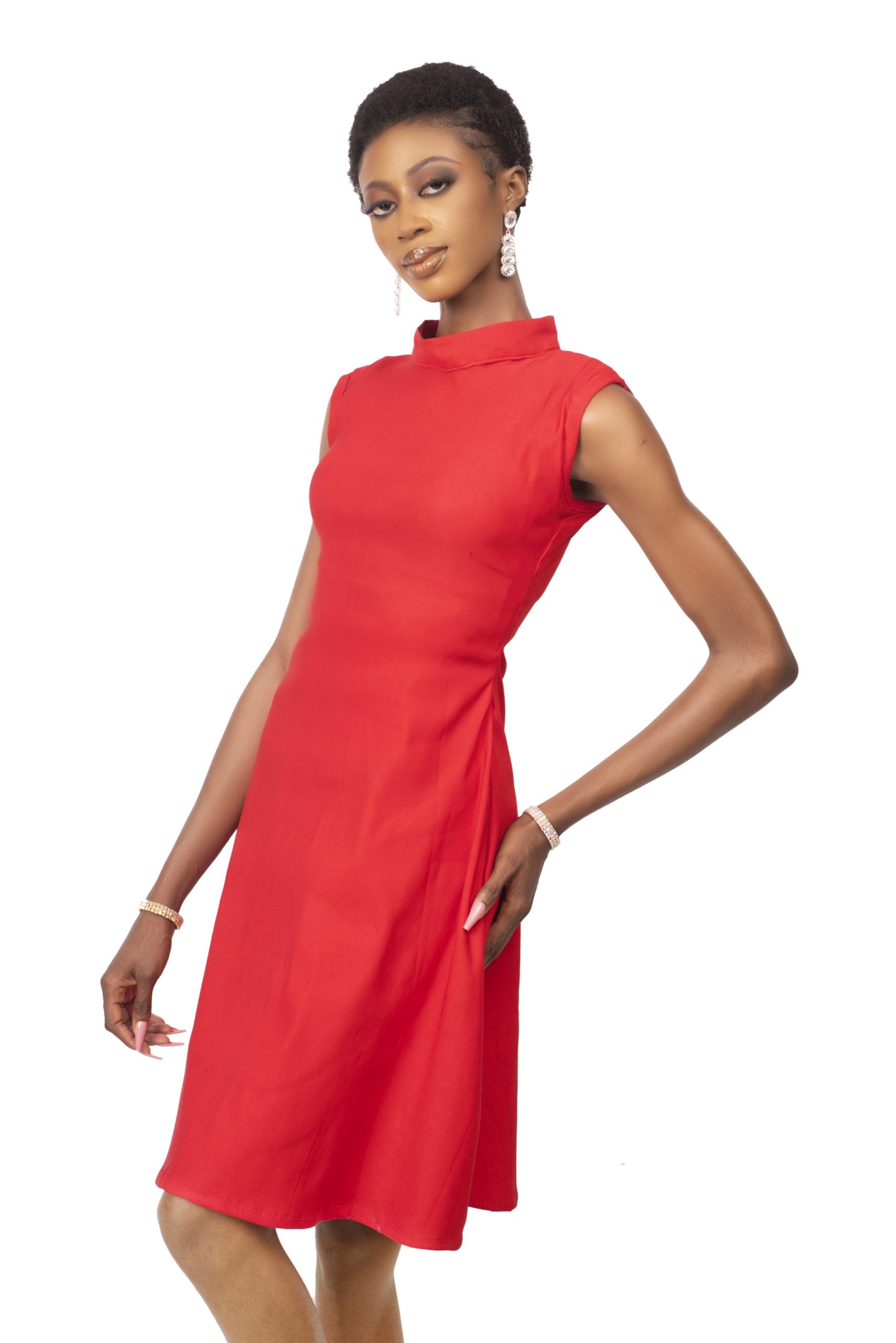 Red turtle-necked short flare dress