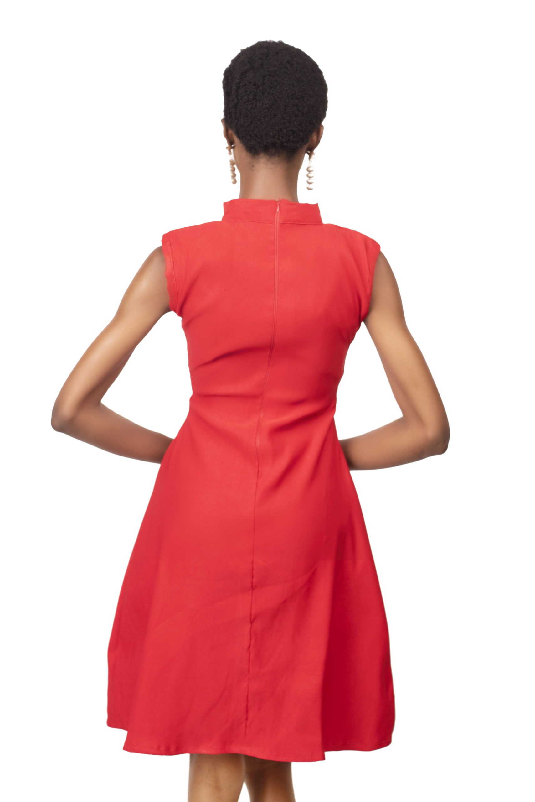Red turtle-necked short flare dress
