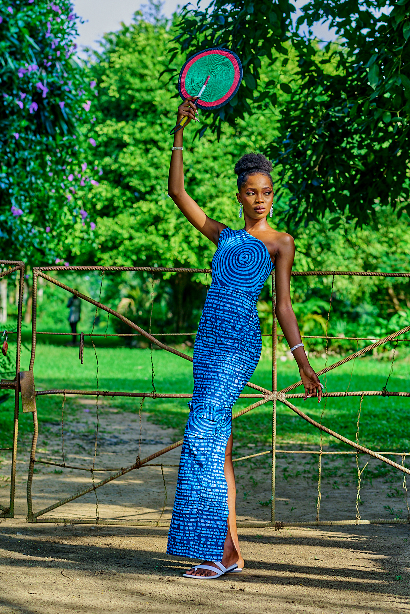 Sea-green batik long one-hand off-shoulder dress