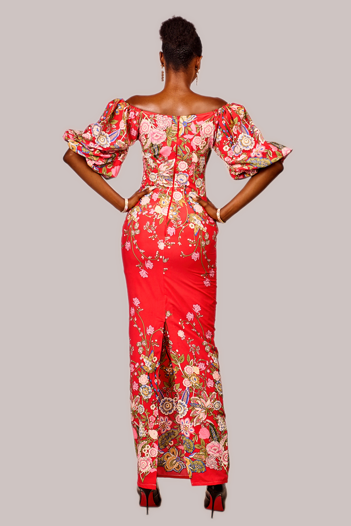 Peach puff-sleeved off-shoulder long dress