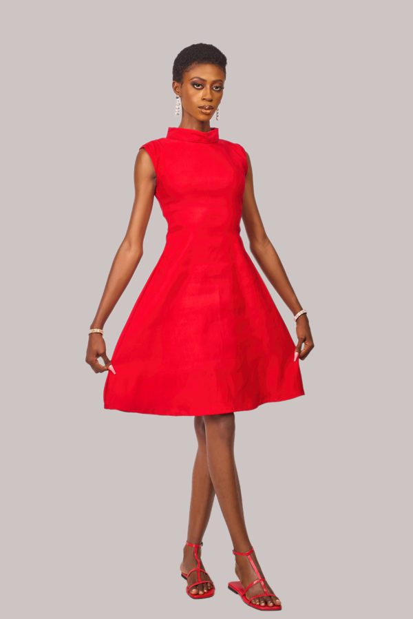 Red turtle-necked short flare dress