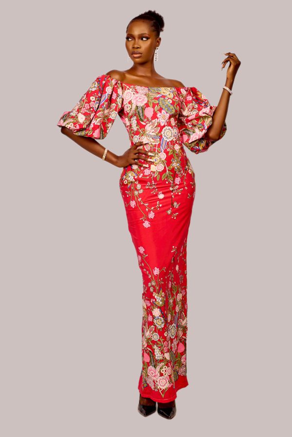 Peach puff-sleeved off-shoulder long dress