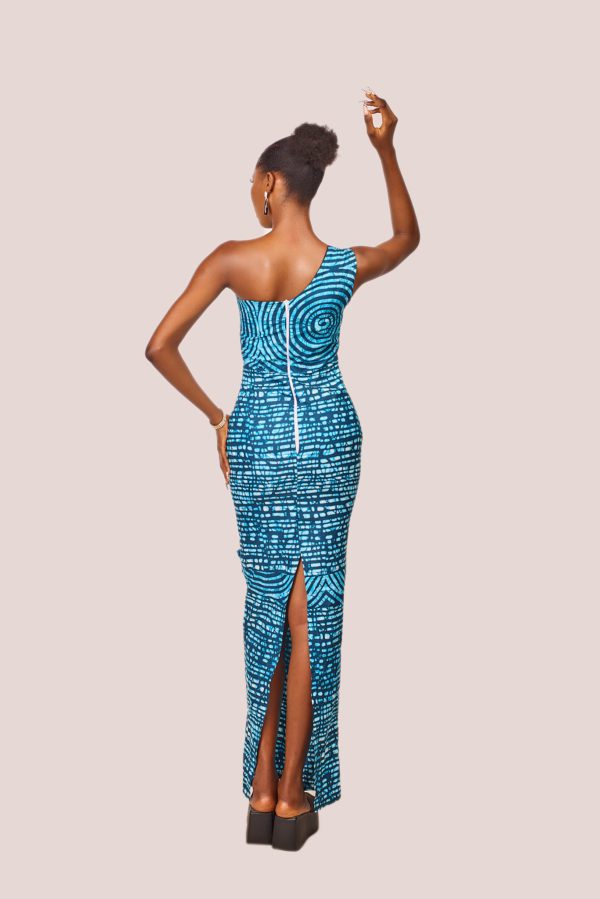 Sea-green batik long one-hand off-shoulder dress